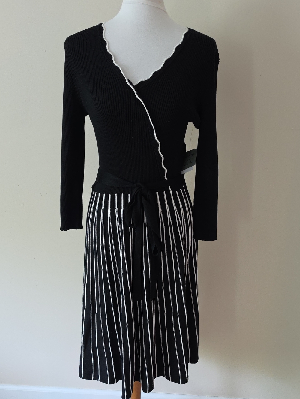 Danny & Nicole Black & White Ribbed Wrap Dress with Striped Skirt Brand New